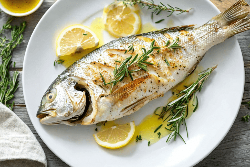 Branzino Recipe: Delicious Mediterranean Cooking Made Easy 1 Whole roasted branzino garnished with rosemary, thyme, and lemon slices, served on a white plate with a drizzle of olive oil on a rustic wooden table.