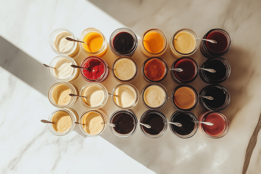 Burger Sauce Recipe: Elevate Your Burgers in Minutes 3 Overhead view of assorted burger sauces in labeled glass jars with tasting spoons, showcasing creamy, tangy, and spicy varieties on a kitchen countertop.