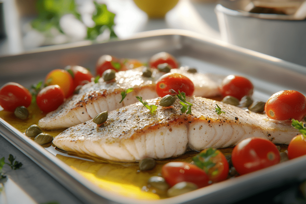 Branzino Recipe: Delicious Mediterranean Cooking Made Easy 2 Golden pan-seared branzino fillets served with cherry tomatoes and capers on a shallow dish, with fresh ingredients visible in the kitchen background.