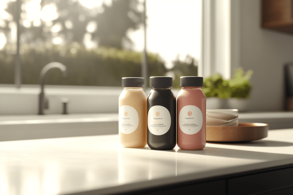 Carnation Instant Breakfast: Benefits, Uses, and Criticisms 1 Close-up of Carnation Instant Breakfast ready-to-drink bottles in chocolate, vanilla, and strawberry flavors on a clean kitchen countertop, with soft natural lighting.