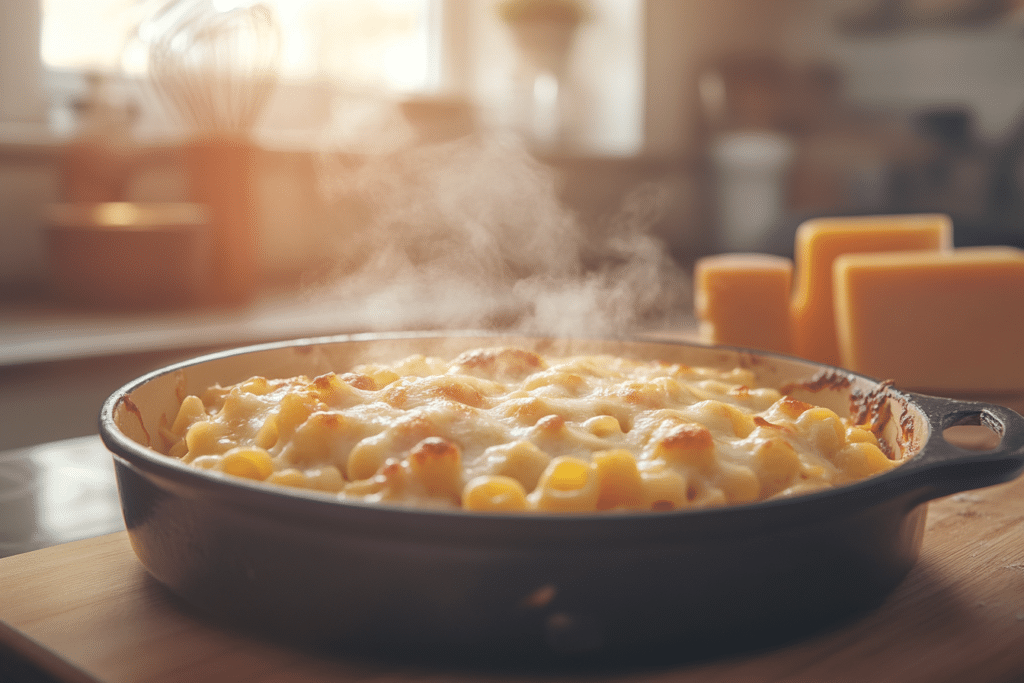 Tini Mac and Cheese Recipe: A Comfort Food Delight 1 Close-up of creamy mac and cheese with golden cheese sauce coating each pasta piece, placed on a wooden countertop with grated cheese in the background.