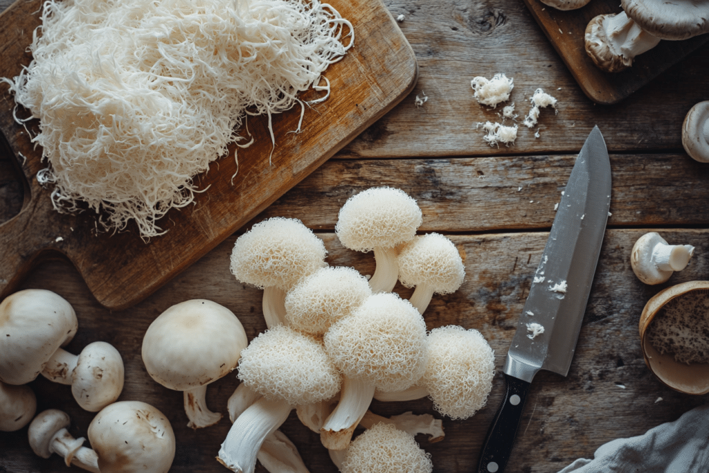 Lion's Mane Mushroom Recipe: Easy for Every Meal 1 Overhead view of fresh lion’s mane mushrooms with their fluffy, white texture displayed on a rustic wooden table with soft natural light.