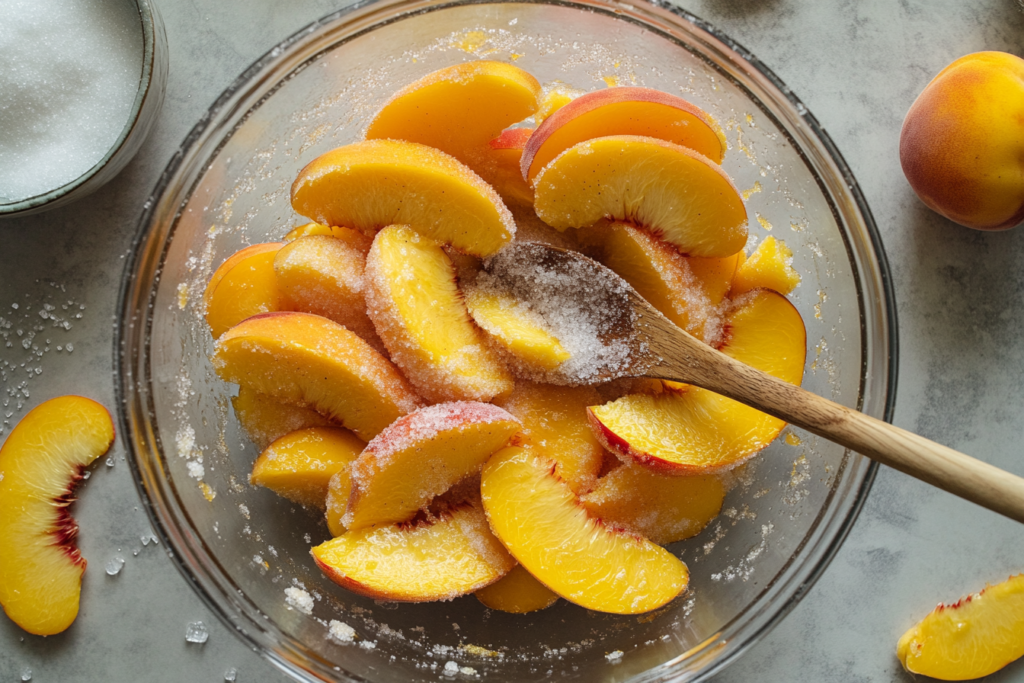 Peach Crumble Recipe: A Deliciously Simple Dessert Guide 1 Overhead shot of fresh peach slices mixed with sugar, cinnamon, and cornstarch in a glass bowl, with a wooden spoon resting on the side.