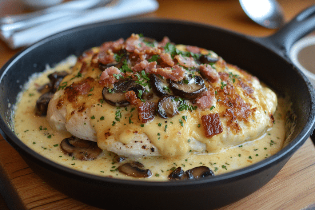 Alice Springs Chicken Recipe: A Flavorful Copycat Dish 1 Close-up of Alice Springs chicken topped with mushrooms, crispy bacon, and melted cheese inside a cast iron skillet, ready for baking.