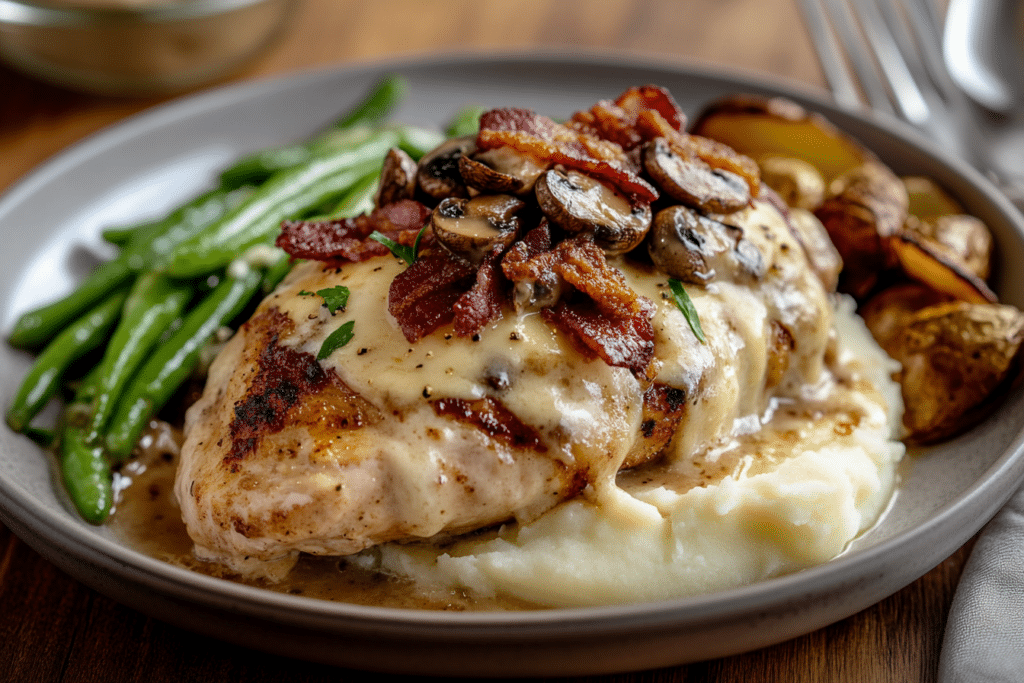 Alice Springs Chicken Recipe: A Flavorful Copycat Dish 2 Close-up of Alice Springs chicken plated with mashed potatoes and green beans, topped with melted cheese and crispy bacon.