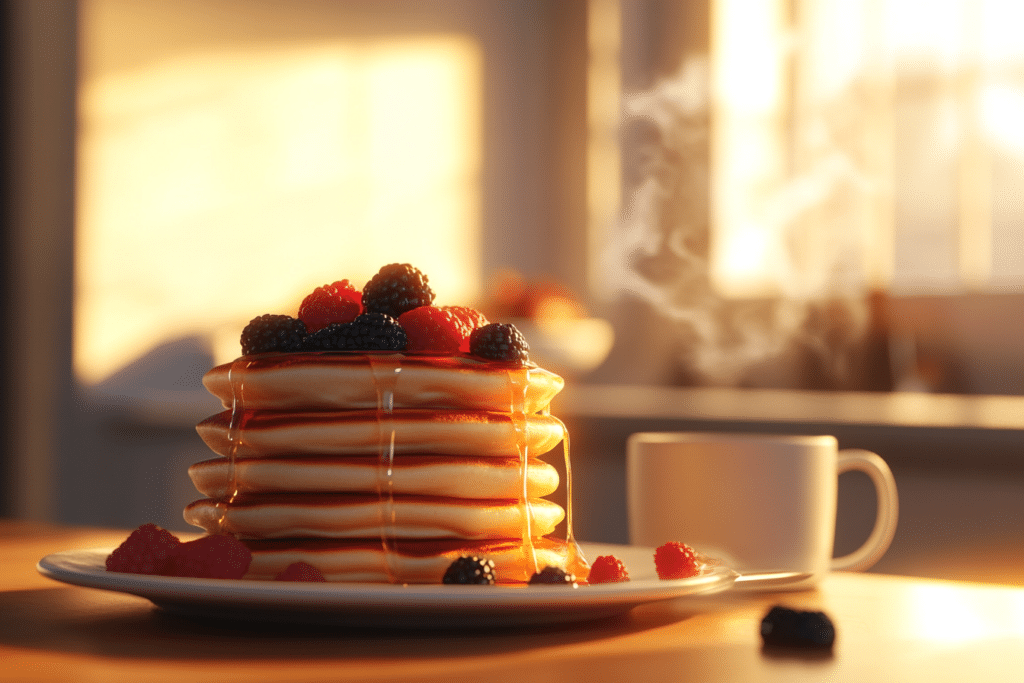 Carnation Instant Breakfast: Benefits, Uses, and Criticisms 3 Close-up of a stack of fluffy pancakes infused with Carnation Instant Breakfast powder, drizzled with syrup, and topped with fresh berries, in a warm kitchen setting.