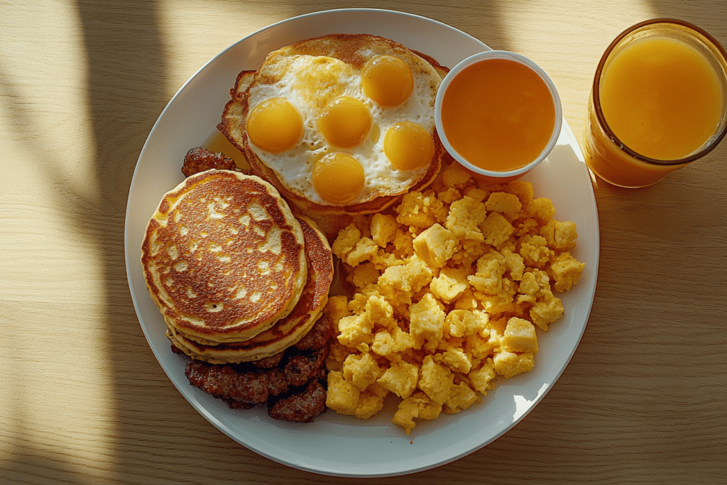 Burger King Breakfast Menu: Top Picks, Nutrition, and Pricing 1 Overhead view of a Burger King breakfast platter with pancakes, hash browns, scrambled eggs, and sausage, served with orange juice on a wooden table under soft light.