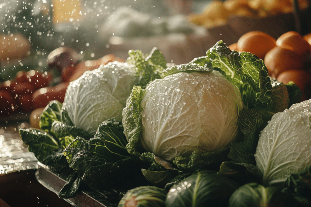 Napa Cabbage Recipes: 10 Irresistible Dishes You’ll Love 1 Close-up of fresh napa cabbage heads at a farmers’ market with vibrant green leaves and pale yellow interiors.