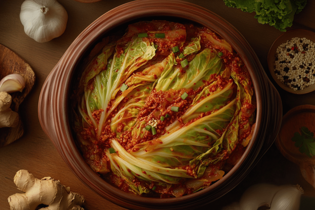 Napa Cabbage Recipes: 10 Irresistible Dishes You’ll Love 2 Close-up of napa cabbage kimchi in a clay pot with garlic, ginger, and scallions, showcasing the fermentation process.