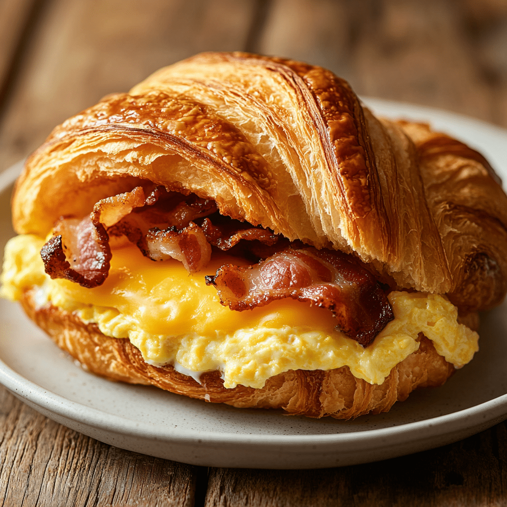 Burger King Breakfast Menu: Top Picks, Nutrition, and Pricing 2 Close-up shot of a Croissan’wich on a white plate, featuring a flaky croissant layered with scrambled eggs, melted cheese, and bacon, placed on a rustic wooden table under soft, natural light.
