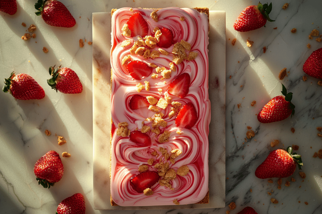 Ninja CREAMi Recipes: 50+ Easy Ideas for Frozen Desserts 2 Overhead view of strawberry cheesecake ice cream with swirls of strawberry sauce, created as one of the top Ninja CREAMi recipes, topped with graham crackers and fresh strawberries.