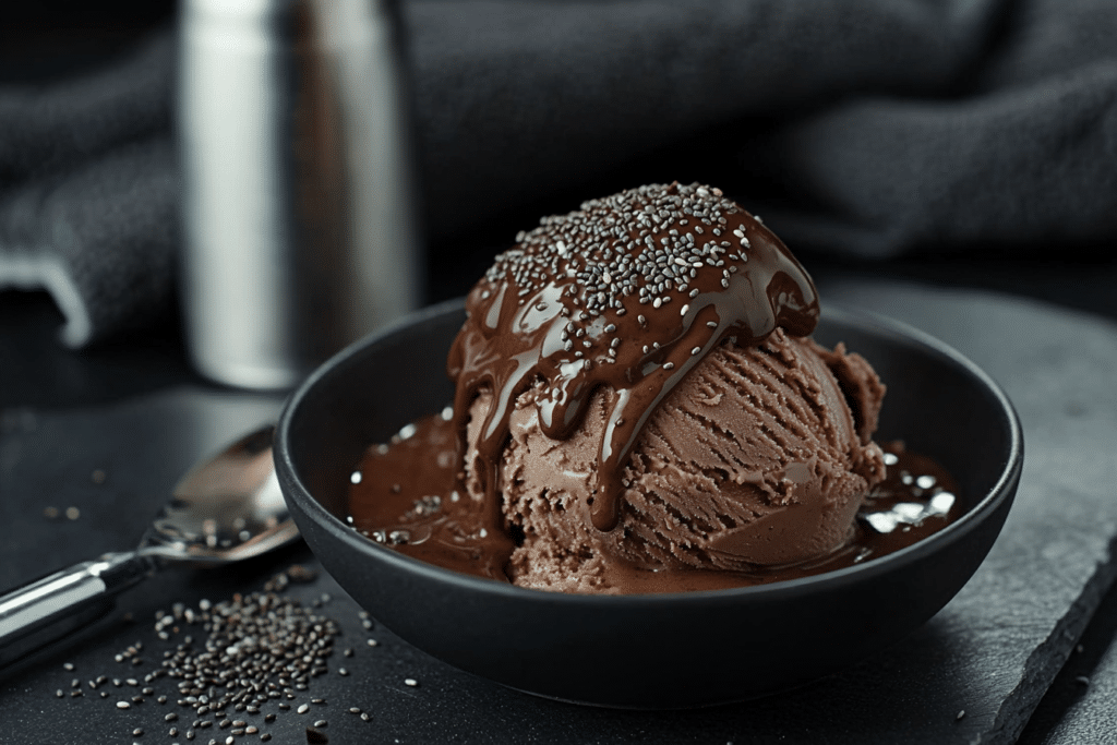 Ninja CREAMi Recipes: 50+ Easy Ideas for Frozen Desserts 3 Macro shot of protein-packed chocolate ice cream, a high-protein option from popular Ninja CREAMi recipes, drizzled with melted chocolate and sprinkled with chia seeds.