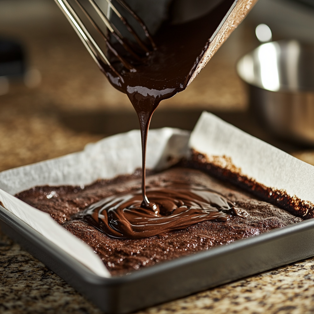 Brownie batter being poured into a parchment-lined baking pan for the base of a brookie.