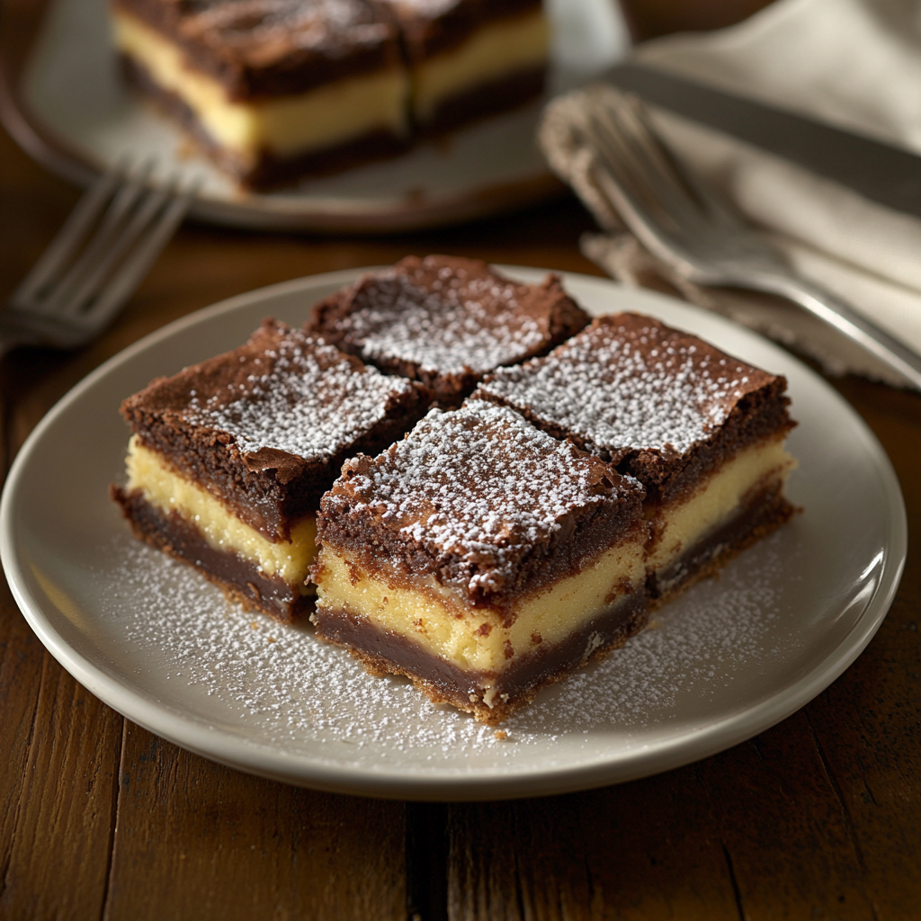 Freshly baked brookie squares served on a white plate, garnished with a dusting of powdered sugar