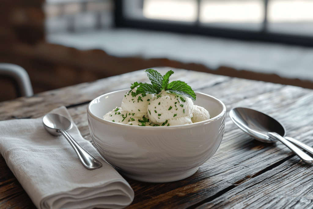 Ninja CREAMi Recipes: 50+ Easy Ideas for Frozen Desserts 1 Close-up of creamy vanilla ice cream made using a Ninja CREAMi, garnished with mint leaves in a white bowl, showcasing one of the best Ninja CREAMi recipes.