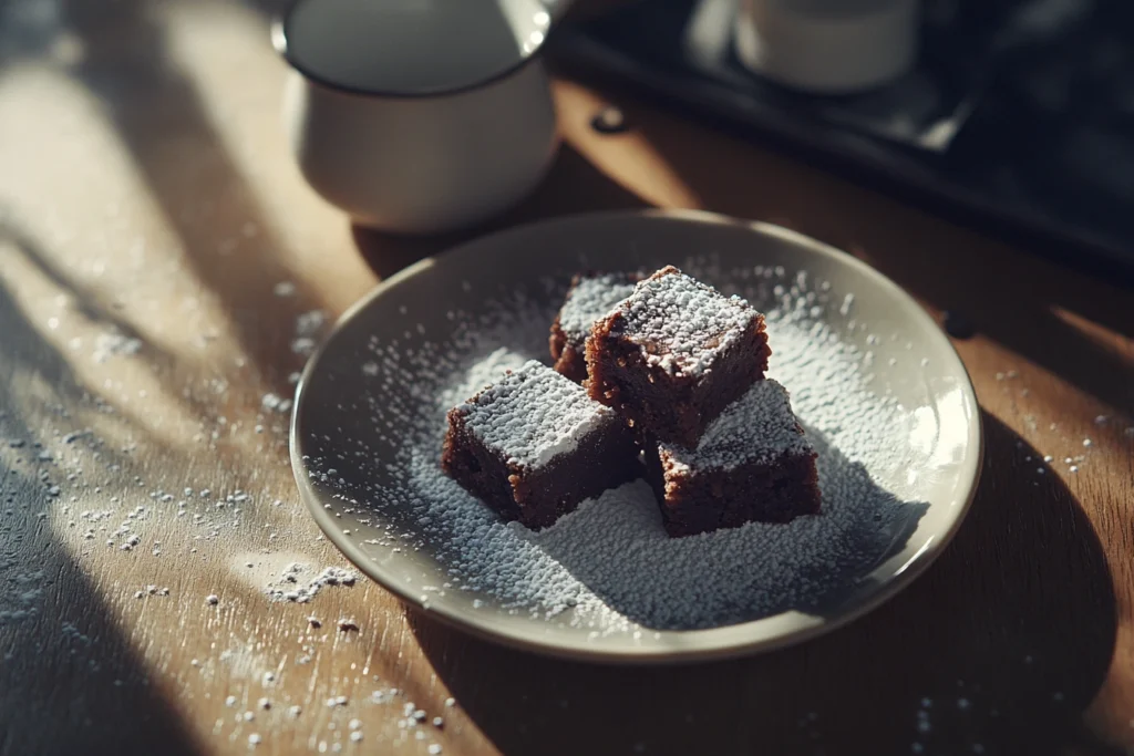 Overhead shot of bite-sized fudge brownies topped with powdered sugar on a small plate in a cozy kitchen setting.