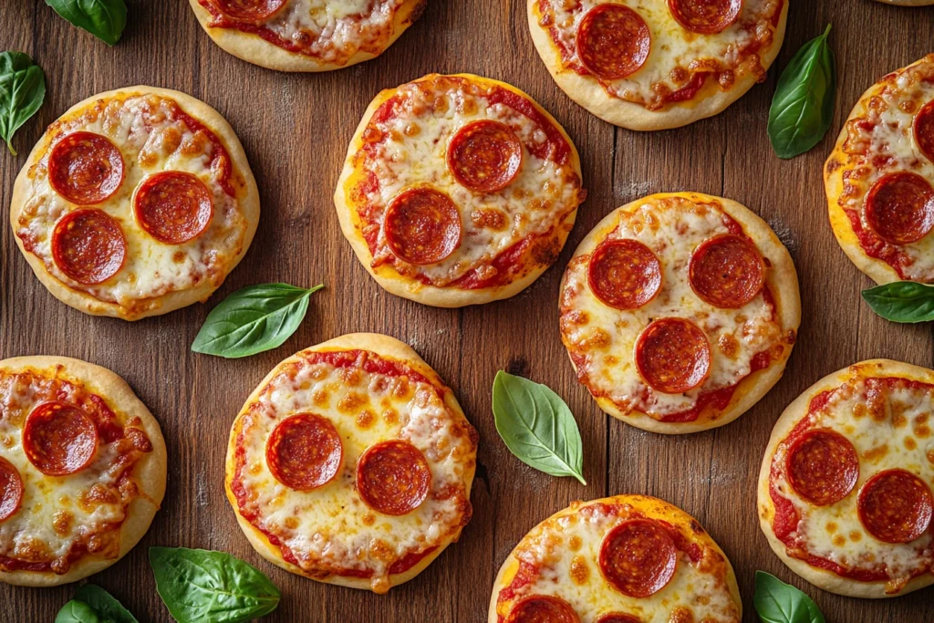 Overhead shot of three mini pepperoni pizzas with melted cheese on a wooden countertop, garnished with fresh basil leaves.