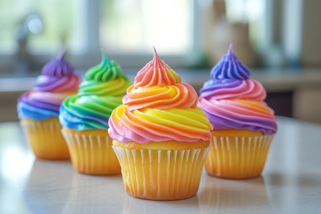 Close-up view of colorful rainbow cupcakes with swirled icing placed on a bright kitchen table.