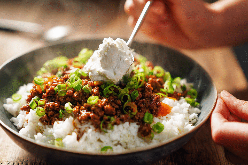 Cottage Cheese Ground Beef Bowl: Viral Protein-Packed Meal Idea 7 assembling cottage cheese ground beef bowl