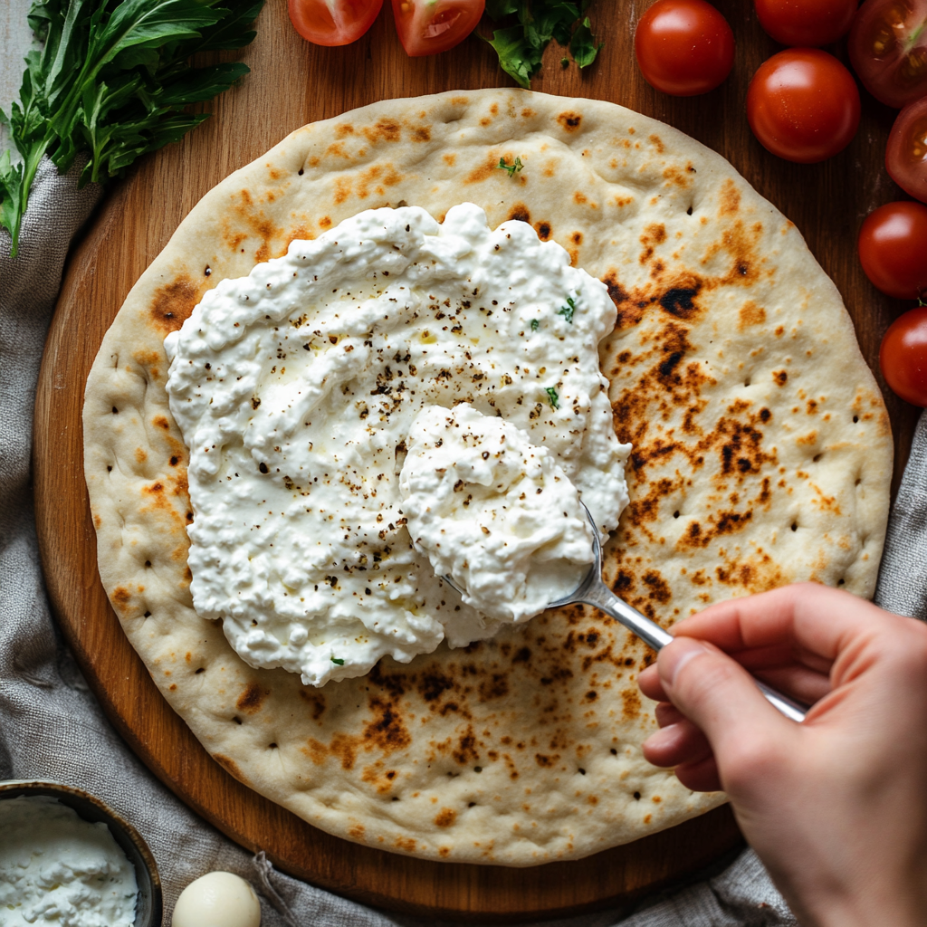 Cottage Cheese Pizza – High Protein, Creamy & Melt-Free Magic 5 Spreading cottage cheese on pizza base